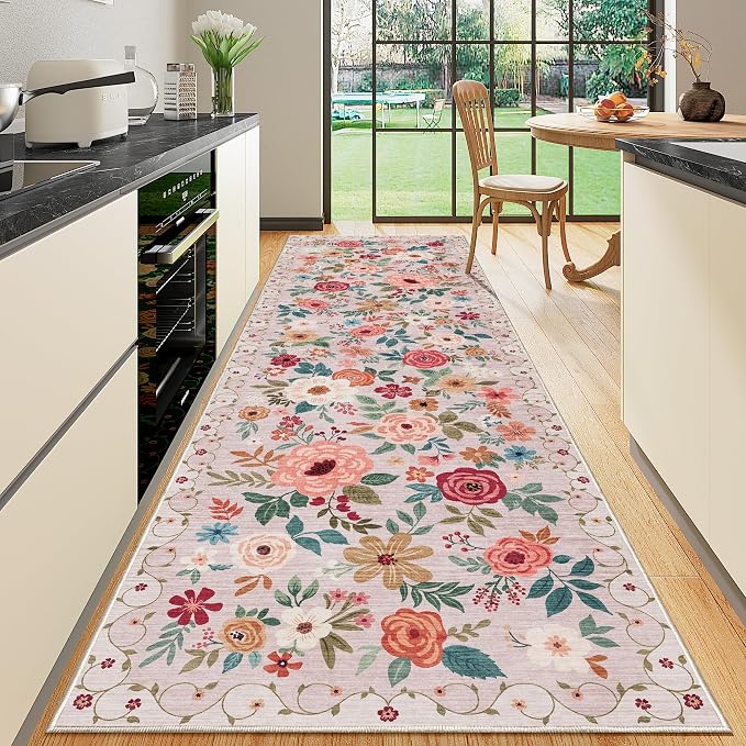 DUKINO 3x10 Runner Rug, Floral Washable Kitchen Runner Rug Non Slip, Low Pile - Image 6