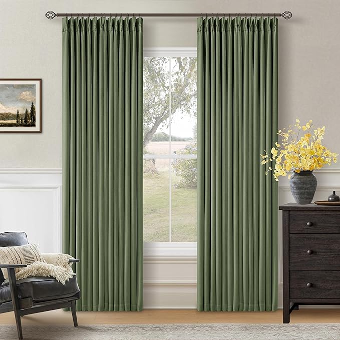 86 Inch Olive Green Linen Pinch Pleated Blackout Curtains by Twodrapes