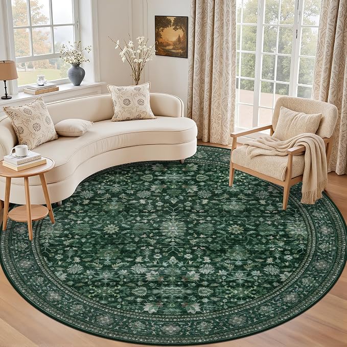 Round Area Rug for Living Room: 4ft Boho Washable Rug Deep Green | Vintage Boho by EXPEDIX
