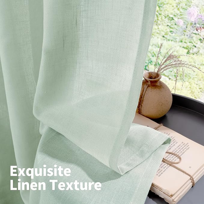 YoungsTex Light Green Linen Semi Sheer Curtains 45 Inch Length, Short Drapes - Image 7