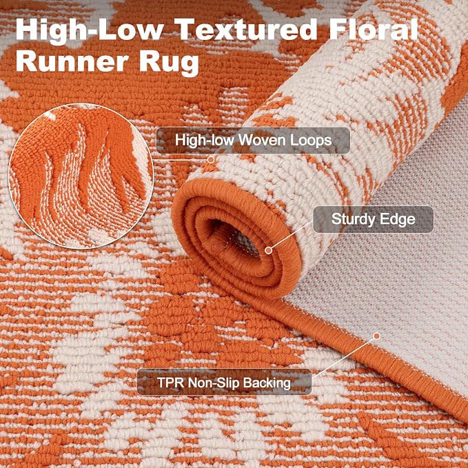 Findosom Fall Runner Rug 2x8, Non Slip High-Low Textured Floral Washable Runner - Image 2
