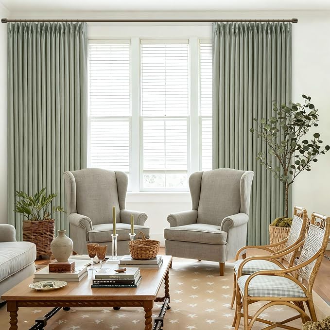 120 Inch Pinch Pleated Light Filtering Linen Curtains Sage Green 2 Panels | - Image 7