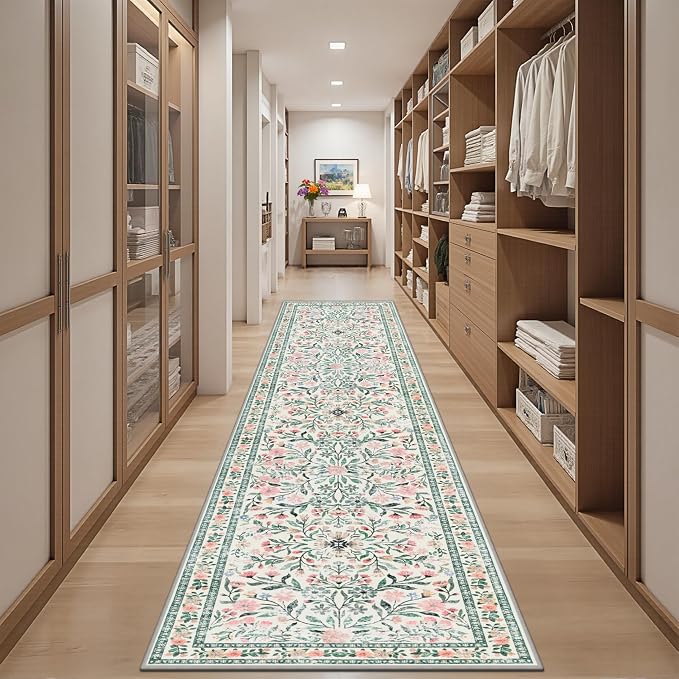 PLHXFR 3x10 Washable Runner Rug：Floral Indoor Kitchen Carpet Green Beige | - Image 5