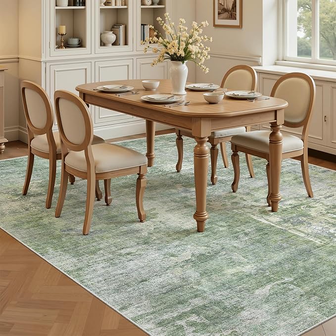 Soalmost Abstract Area Rug 6x9 for Living Room Washable Rugs Green/Ivory | - Image 4