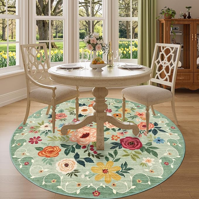 DUKINO 5ft Round Rug, Non Slip Floral Washable Small Circle Rug, Low Pile - Image 8