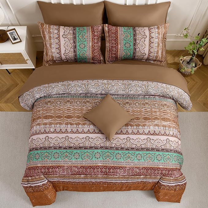 Cottolester Boho Comforter Set Full Size 8 Pieces, Brown Bohemian Striped Bed in a Bag, Paisley Soft Microfiber Bedding Comforter Set