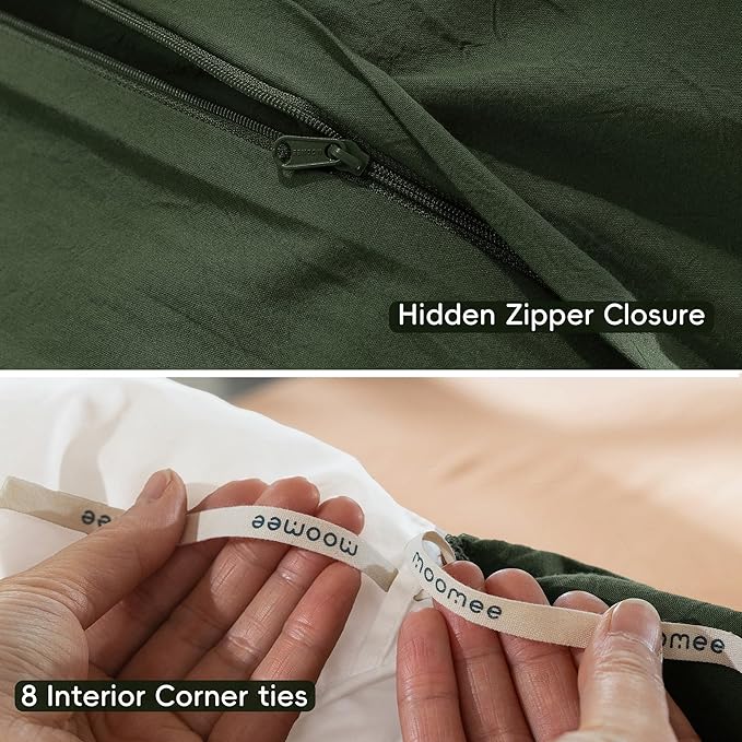 MooMee Bedding Duvet Cover Set 100% Washed Cotton Linen Like Textured Breathable Durable Soft Comfy (Solid Forest Green, Super Queen 90"x98")