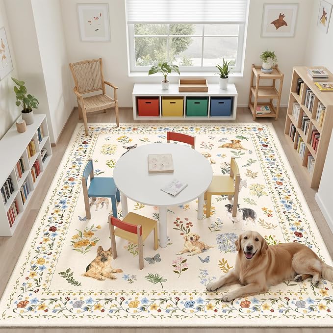 Soalmost Dog 9x12 Area Rugs for Living Room, Washable Animal Soft Rug Beige | - Image 4