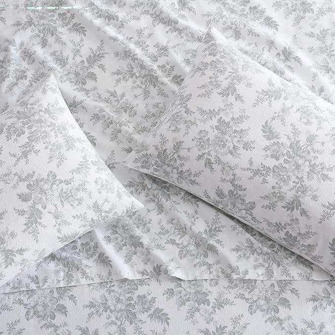 Laura Ashley - Flannel Sheets Queen Size, Anti-Pilling & Wrinkle Resistant Cotton, Touchably Soft for All-Season Comfort - Bed Sheets with Matching Pillowcases & Fitted Sheet (Vanessa Grey)
