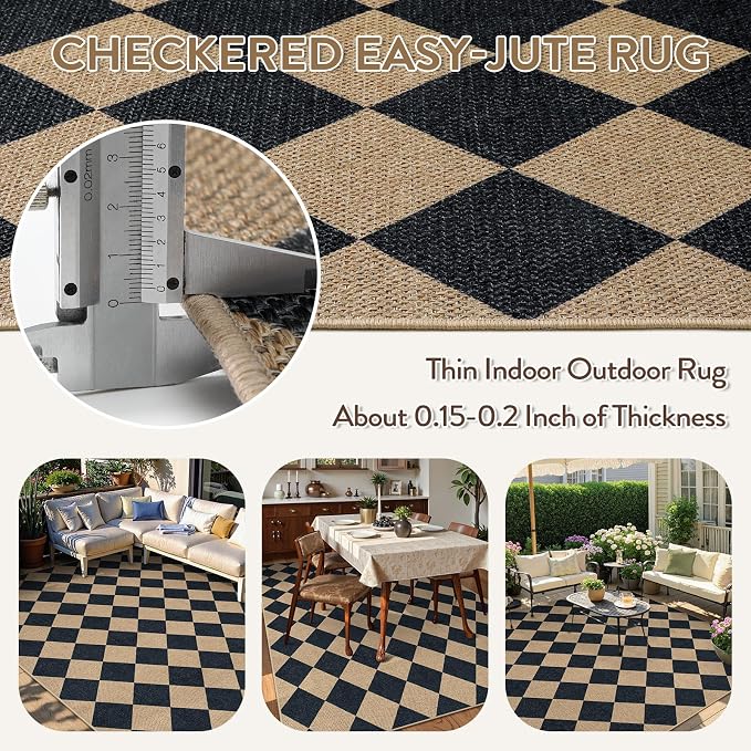 Lahome Checkered Easy Jute Outdoor Patio Rug, 6x9 Living Room Rugs Washable | - Image 4