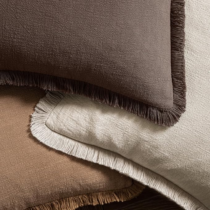 MIULEE Boho Linen Fringe Decorative Fall Pillow Covers Reddish Brown 18x18 | - Image 4