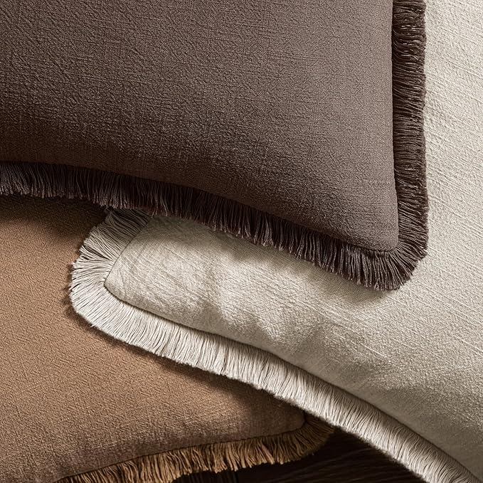 MIULEE Boho Linen Fringe Decorative Fall Pillow Covers Reddish Brown 26x26 | - Image 4