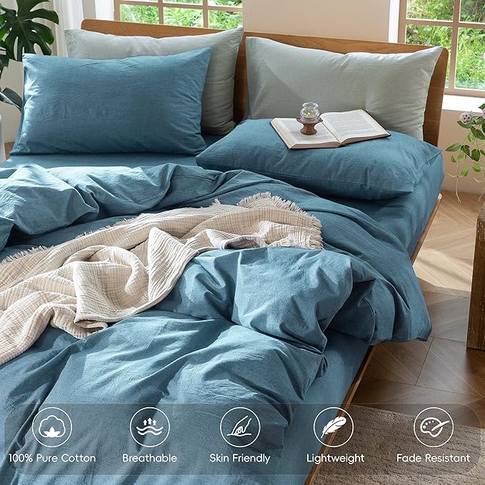 MooMee Bedding Duvet Cover Set 100% Washed Cotton Linen Like Textured Breathable Durable Soft Comfy (Heathered Peacock Blue, Palatial King/Oversized King 120"x98")