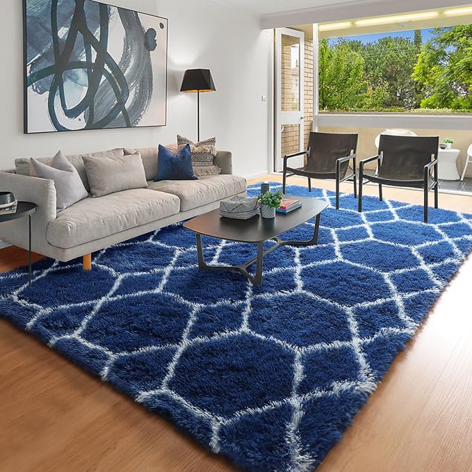 6x9 Area Rugs for Living Room Bedroom, Fluffy Navy and White Geometric Rug | - Image 8