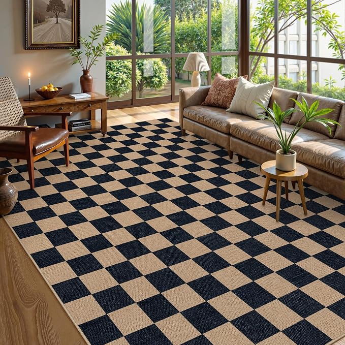 Lahome Checkered Easy Jute Living Room Rug, 9x12 Outdoor Area Rugs Washable | - Image 3