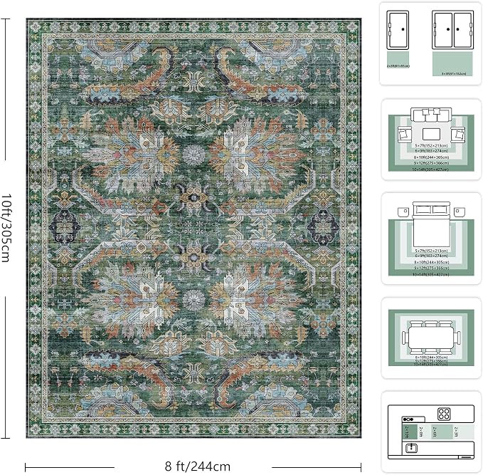 8x10 Area Rugs, Vintage Retro Soft Washable Rug, Non-Slip Low Pile Rugs - Image 2