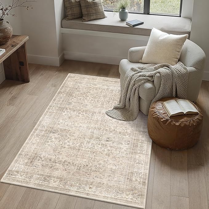 Schweek 3x5 Washable Area Rugs Vintage Floral Non Slip Entryway Rug Beige | - Image 3