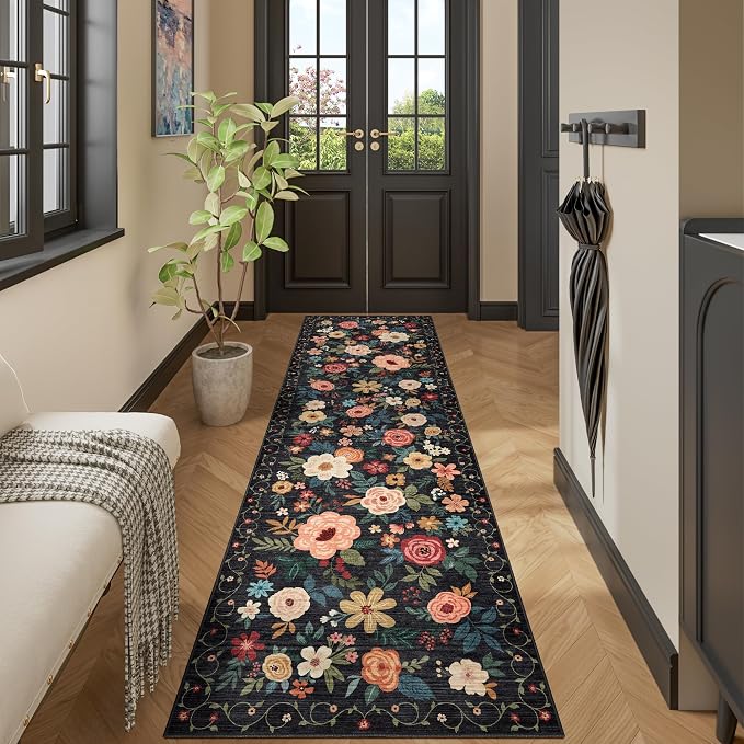 DUKINO 2x10 Runner Rug, Floral Washable Kitchen Runner Rug Non Slip, Low Pile - Image 5