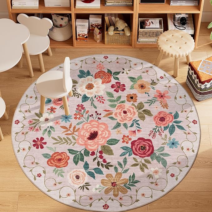 DUKINO 5ft Round Rug, Non Slip Floral Washable Small Circle Rug, Low Pile - Image 3
