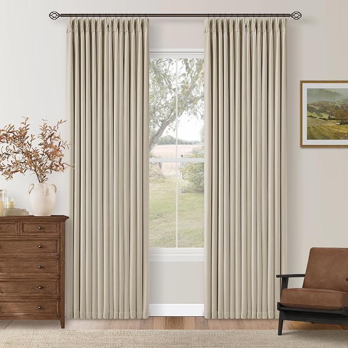 Oatmeal Pinch Pleated 100% Blackout Linen Curtains 80 Inch Length 2 Panels | by Twodrapes
