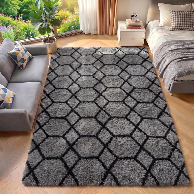Area Rugs for Bedroom Living Room, 4x6 Fluffy Grey and Black Geometric Rug | by ONASAR