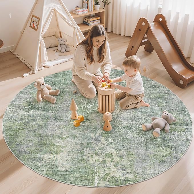 Soalmost Abstract 5x5 Round Rug 5ft Circle Living Room Rugs, Low Pile Stain - Image 4