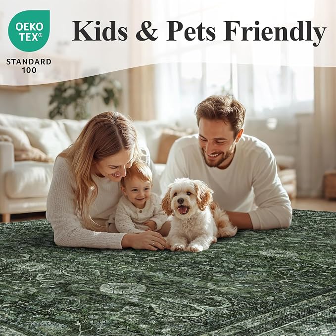 Schweek 9x12 Area Rug Green Washable Non-Slip Vintage Rugs - Image 8