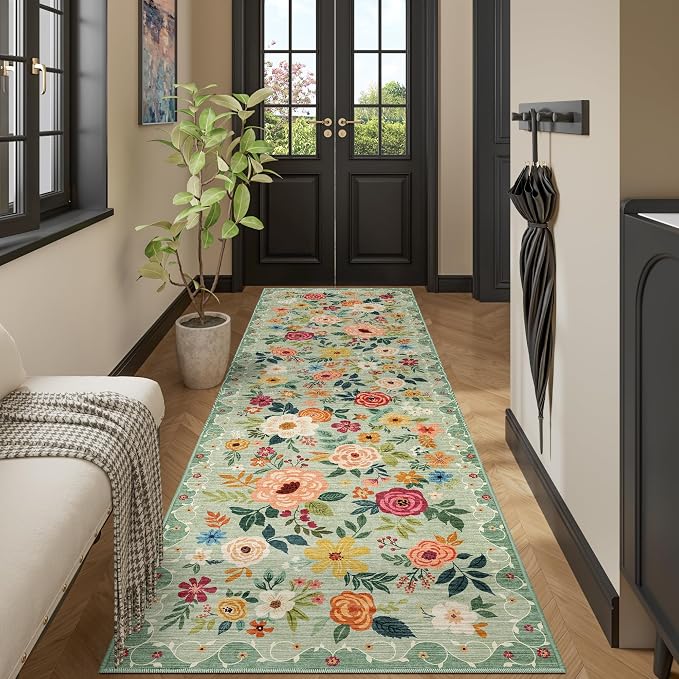 DUKINO 3x10 Runner Rug, Floral Washable Kitchen Runner Rug Non Slip, Low Pile by DUKINO