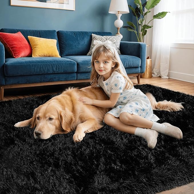 2x6 Fluffy Shag Area Rugs for Living Room Bedroom: Soft Plush Carpet Black | - Image 3