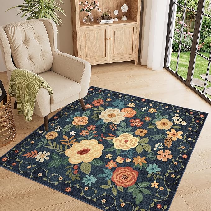 DUKINO 4x4 Square Area Rug, Floral Washable Rug - Image 3