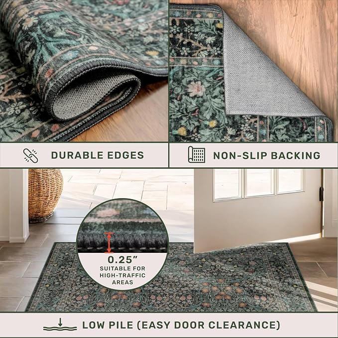 Vintage Dark Green Living Room Rug, 7x10 Washable Area Rugs - Image 6