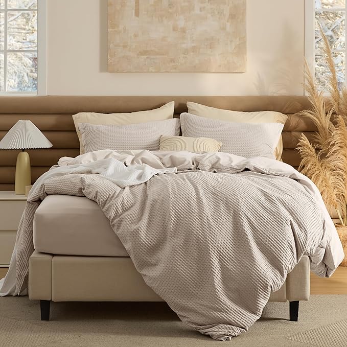 Bedsure 100% Cotton Duvet Cover Queen Size with Fitted Sheet - 4 Pieces Linen Color Waffle Weave Bedding Set, GentleSoft™ and Breathable, Includes 1 Duvet Cover 90x90, 1 Fitted Sheet, 2 Pillow Shams