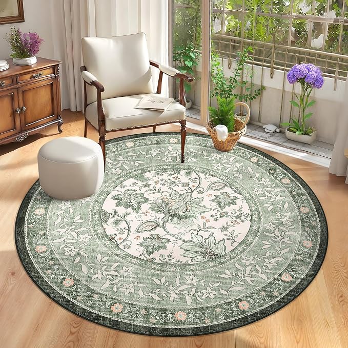 GarveeHome Sage Green Botanical Grove 6ft Round Rug, Small Circle Vintage by GarveeHome