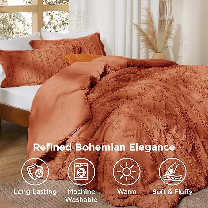Bedsure Tufted Boho Comforter Set Queen Size - Terracotta Boho Bed Set, GentleSoft™ 3 Pieces Farmhouse Shabby Chic Embroidery Bedding, Gifts for Woman, Soft Jacquard Queen Comforter for All Seasons
