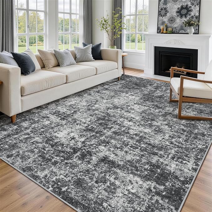9x12 Area Rugs for Living Room Washable Bedroom Dining Room Black Grey | Modern - Image 9