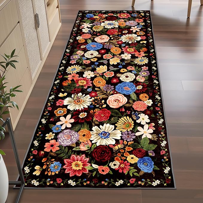 Black Brown Floral Hallway Runner Rug 3x7 - Image 5