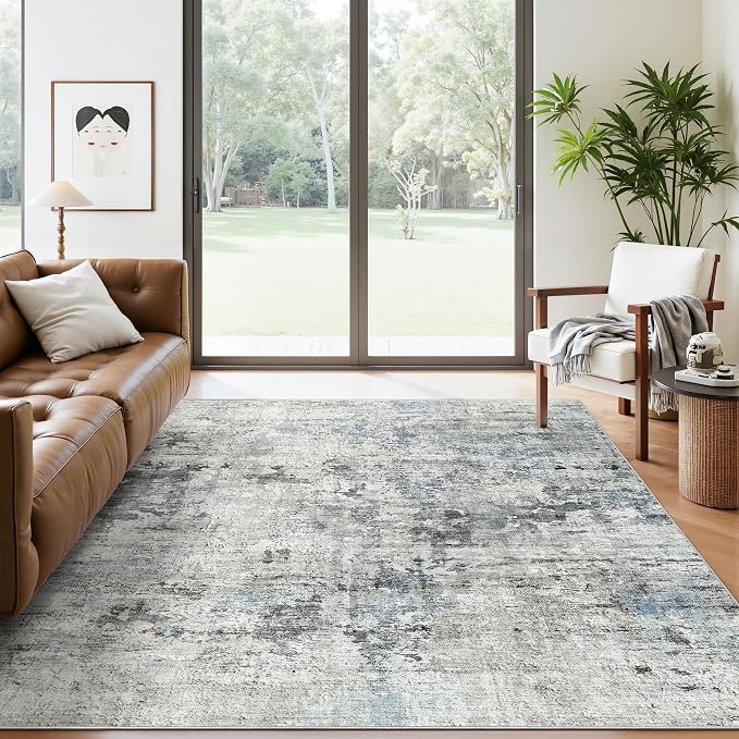Soalmost Abstract Area Rug 6x9 for Living Room Washable Rugs Gray/Blue | - Image 2