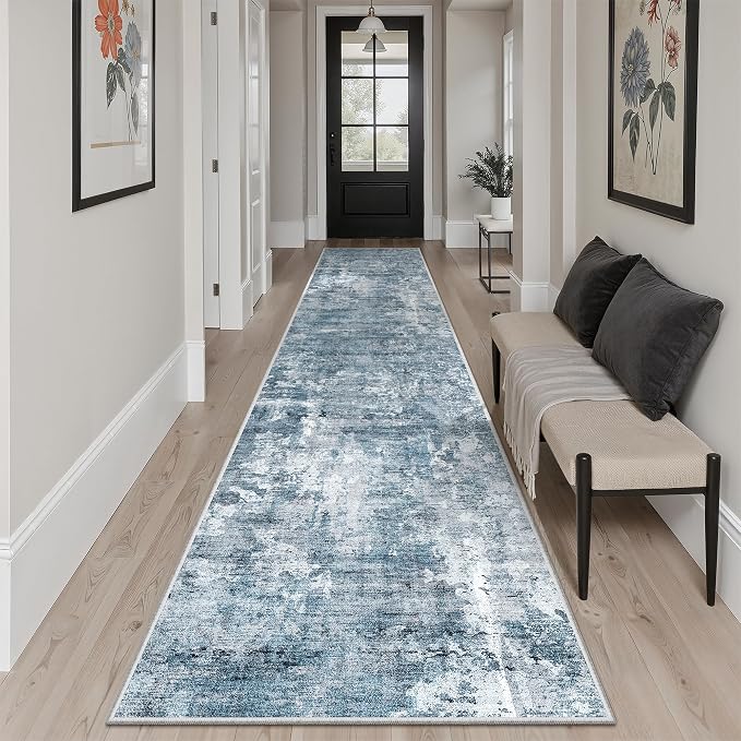 Soalmost Abstract Runner Rug 2x10 Hallway Kitchen Runners Blue/Grey | Stain - Image 3