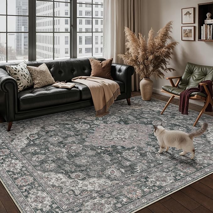 6x9 Black Grey Retro Floral Washable Area Rug - Image 3