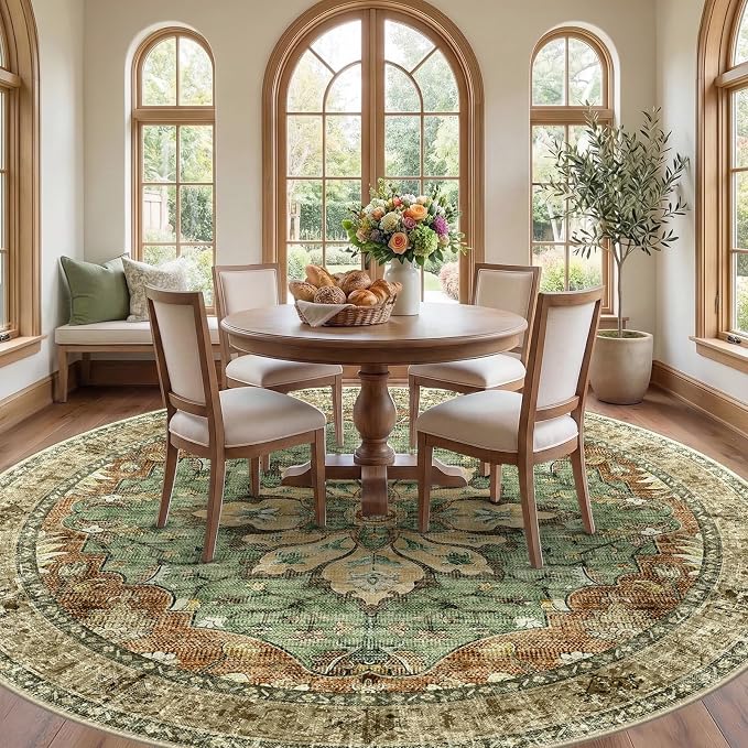 RELEANY Washable Area Rug, Round 10ft, Brick/Brown/Green | Non-Slip, Water - Image 3