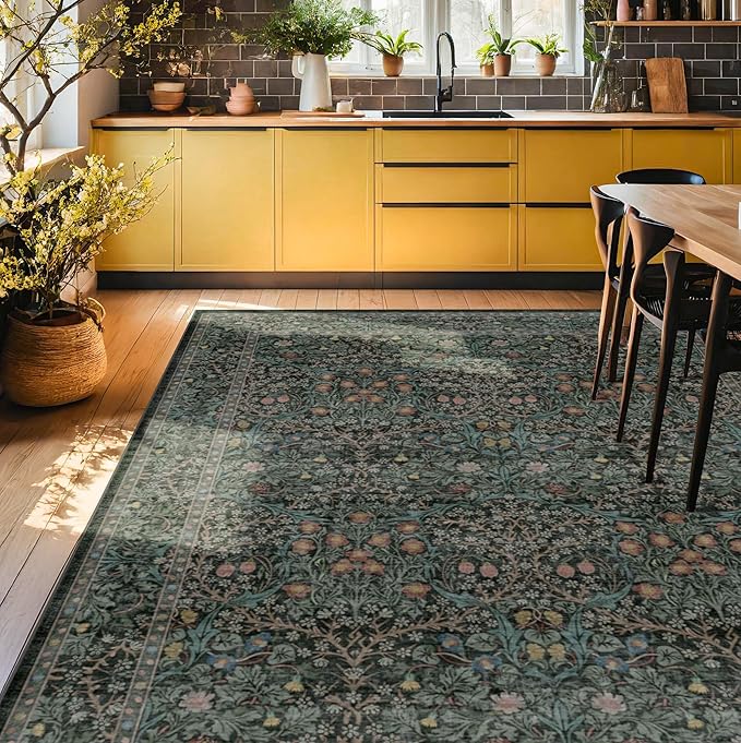 Vintage Dark Green Living Room Rug, 7x10 Washable Area Rugs - Image 4