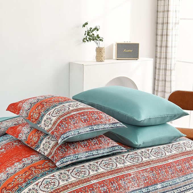 Cottolester Boho Queen Comforter Set 8 Pieces, Terracotta Comforter Bohemian Striped Bed in A Bag,Soft Microfiber Bedding Set for All Seasons