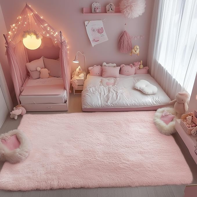 Pink Fluffy Plush Area Rug 5x8, Kids Shag Rugs - Image 9