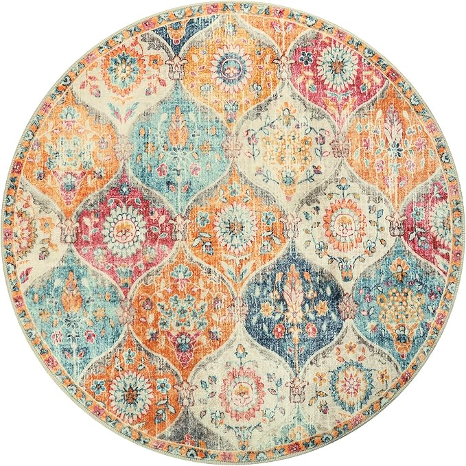 Lahome Round Moroccan Washable Rug, Soft Vintage Small Round Rug 3ft Non-Slip - Image 7