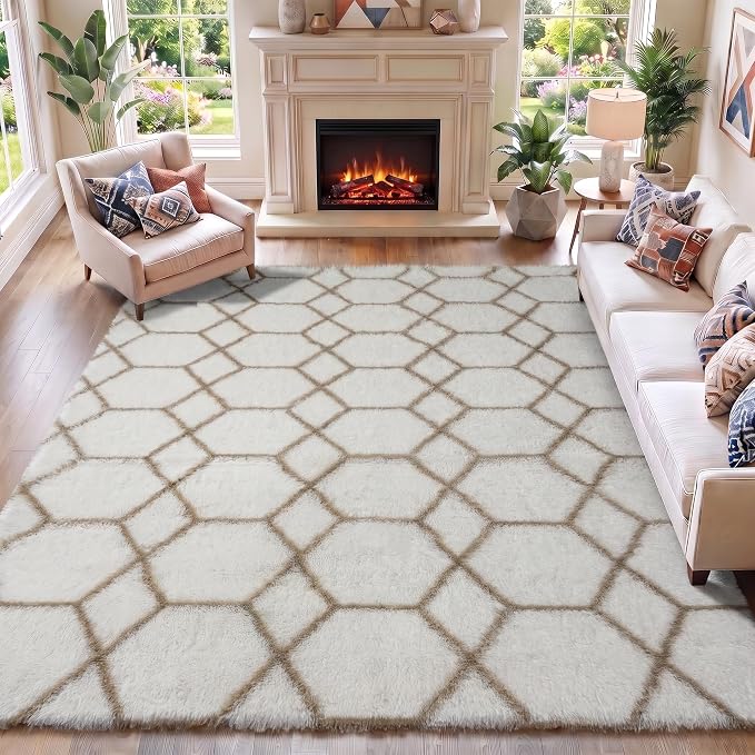 5x7 Area Rugs for Living Room Bedroom, Fluffy White and Beige Geometric Rug | by ONASAR