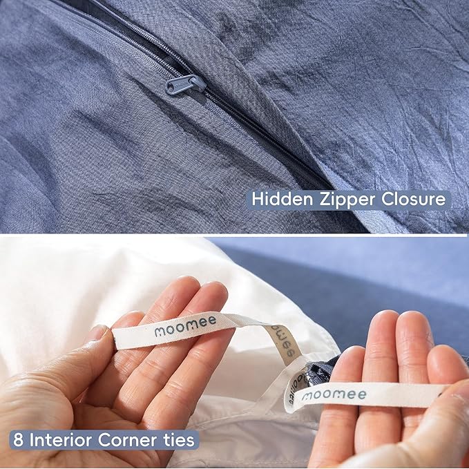 MooMee Bedding Duvet Cover Set 100% Washed Cotton Linen Like Textured Breathable Durable Soft Comfy (Heathered Blue, Full 80"x90")