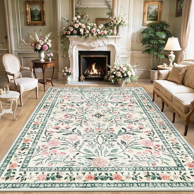 PLHXFR 6x9 Area Rug Living Room: Floral Washable Boho Carpet Green Beige | - Image 10