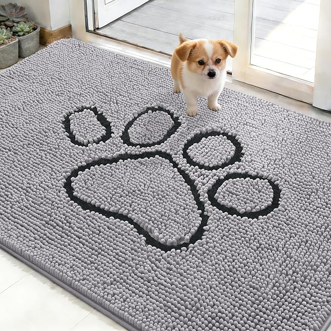 OLANLY Dog Door Mat for Muddy Paws 48x30, Paw Print Design Chenille Mud Mat | by OLANLY