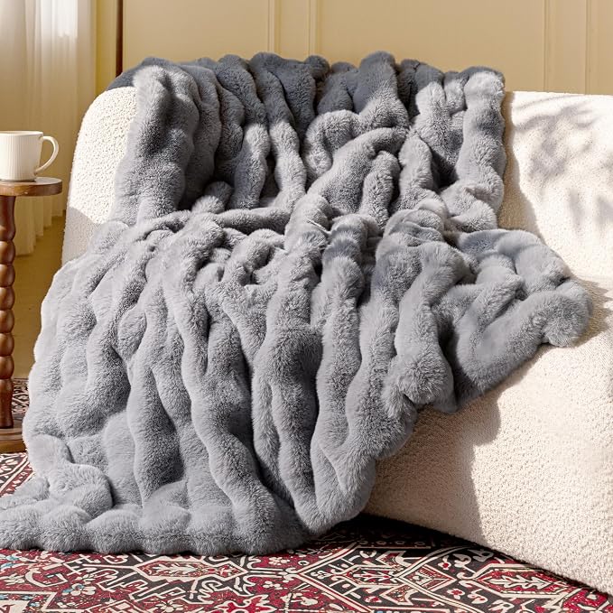Ultra Soft Cozy Faux Fur Throw Blanket, Fuzzy Plush Thick Bubble Blanket by blunique