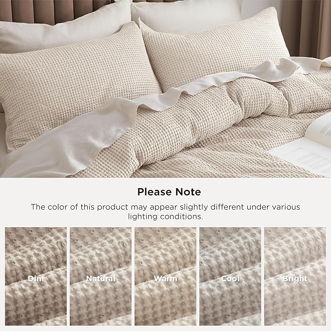 Bedsure Cotton Duvet Cover Set - 100% Cotton Waffle Weave Beige Duvet Cover California King, GentleSoft™ and Breathable Cal King Bedding Set for All Season, 3 Pieces, 104"x98"